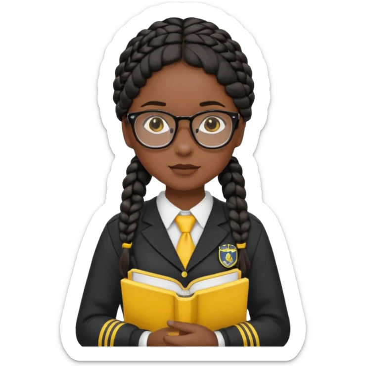 Girl student wearing uniform, glasses, hold yellow book in front of their chest, black braided hair, dark skin sticker
