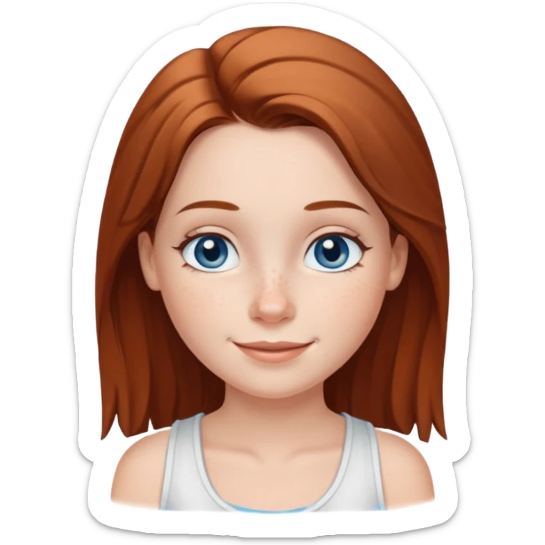 Una chica de tez blanca con pecas, nariz respingada, labios gruesos, ojos grandes color azul grisáceo, pelo largo, lacio, color castaño. Con una blusa de tirantes blanca. Que este sonriendo y q solo se vea de la cintura hacía arriba sticker