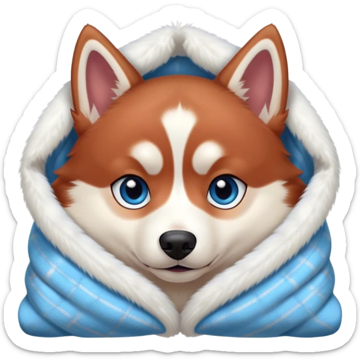 cute, disney-style, red siberian husky with blue eyes cozy in a blanket sticker