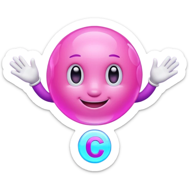 Friendly round AI mascot with a neon C badge, floating hologram in hands, purple-magenta glow. sticker