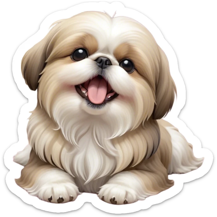 Cinematic Cute Yawning Shih Tzu Portrait Emoji, Head gently tilted with an irresistibly cute yawn and sleepy, half-closed eyes, showcasing a luxurious, fluffy fur in gentle pastel tones, simplified yet endearingly detailed, glowing with a soft, drowsy radiance, high shine, exuding tender, sleepy charm, styled with a delicate, soft glowing outline, capturing the essence of a Shih Tzu caught in a moment of adorable, sleepy bliss! sticker