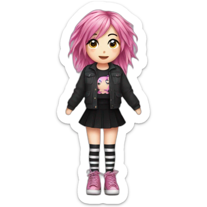 Front view curvy emo girl pink hair sits on the floor straight view hands up black skirt striped torn stockings sticker