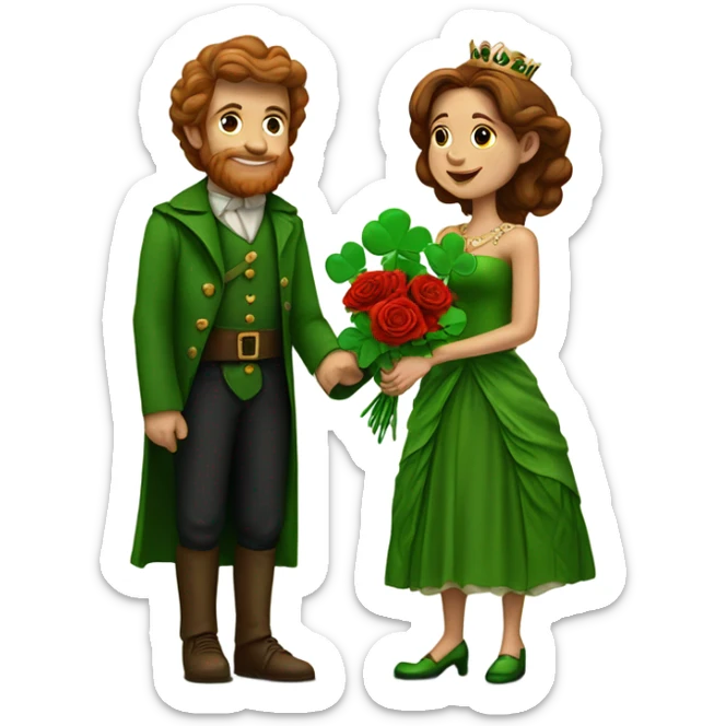 A little leprechaun giving red roses and clovers to a much taller brown haired queen sticker