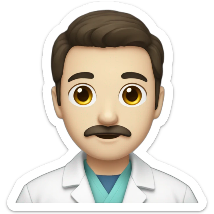 Young, dark-haired, blue-eyed man with a moustache and goatee wearing a doctor's coat sticker