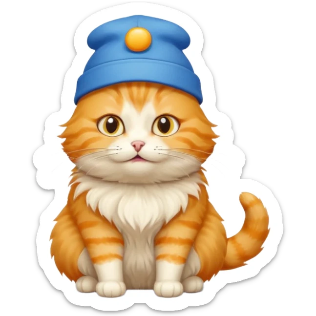 Make cat wearing cute hat that are yellow and has blue text that says More food!!! sticker