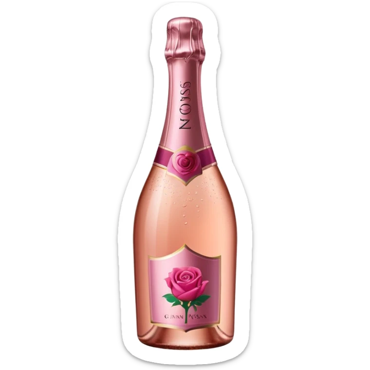 bottle of sparkling rosé champagne with a rose logo on the label, tilted up and to the right, no glass sticker