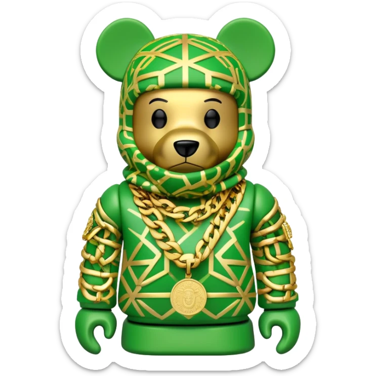 geometric bearbrick with lime balaclava filled with street brand logos graffiti style, wearing multiple heavy gold chains, cuban links and gold medallion, hip hop style sticker