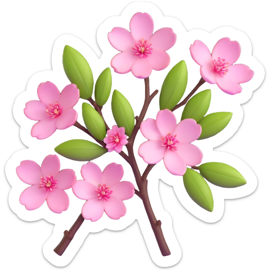 Beautiful single pink cherry blossom (sakura) flower on brown branch with realistic texture and depth, five delicate petals with subtle pink gradient sticker