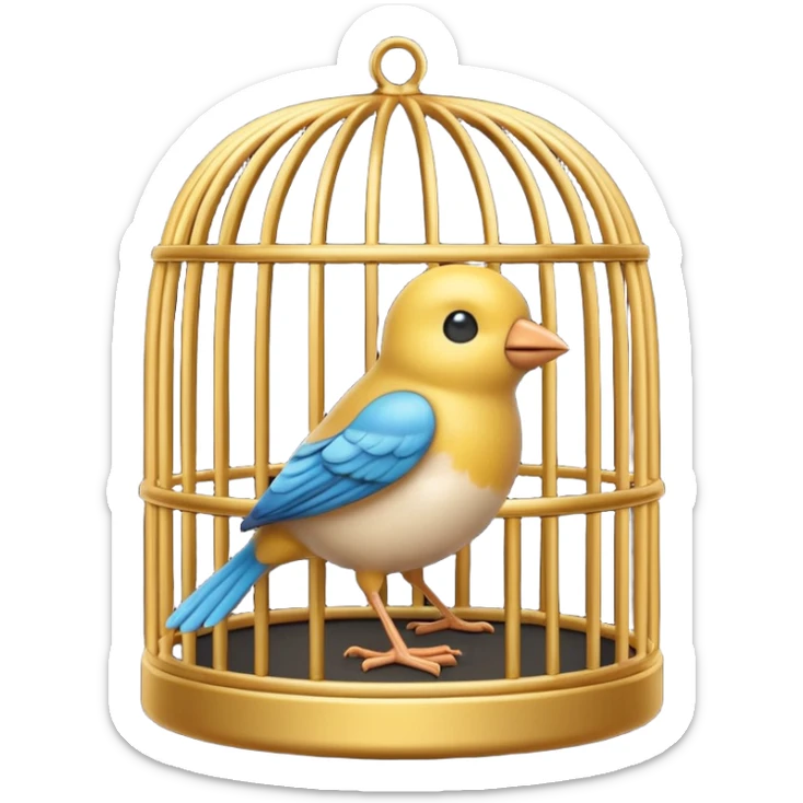 “3D emoji of a small bird inside a golden round cage, in Apple Memoji style. Soft studio lighting, glossy finish, black background, minimalistic and centered composition.” sticker
