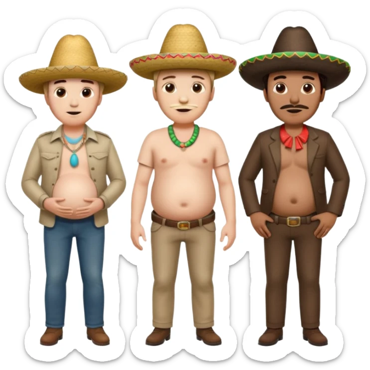 two men standing besides each other. 1 man is white and not pregnant, and the other man is mexican wearing a sombrero and pregnant, holding his belly.  sticker