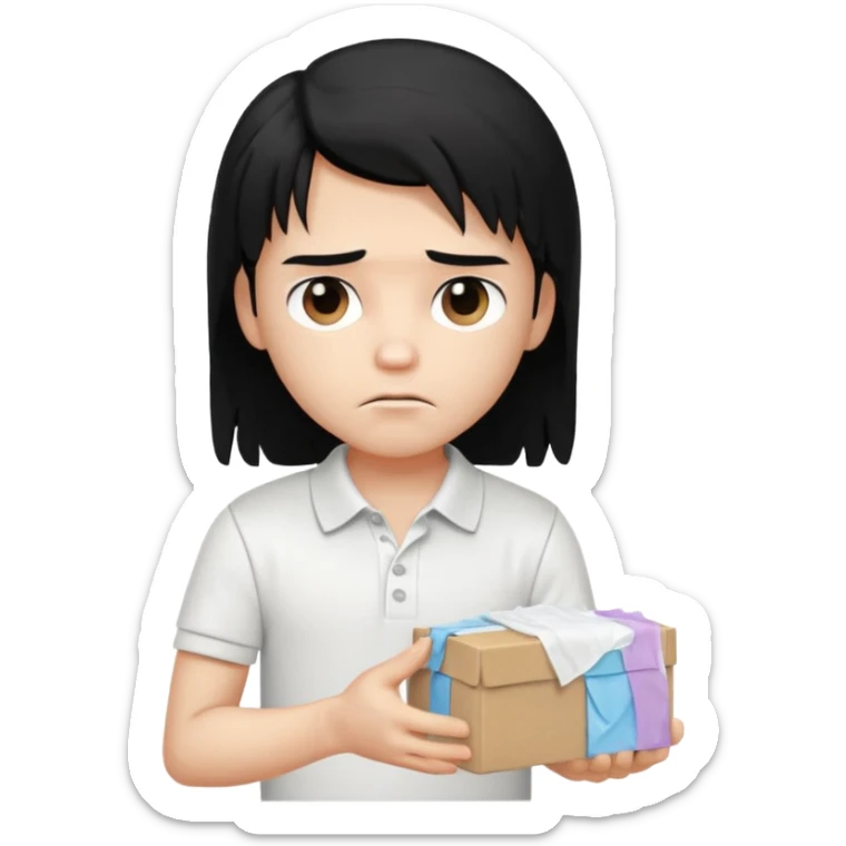 generate a pretty bratz boy with long black hair, wearing a white polo shirt. Looking sad, holding a box of tissues in right hand sticker