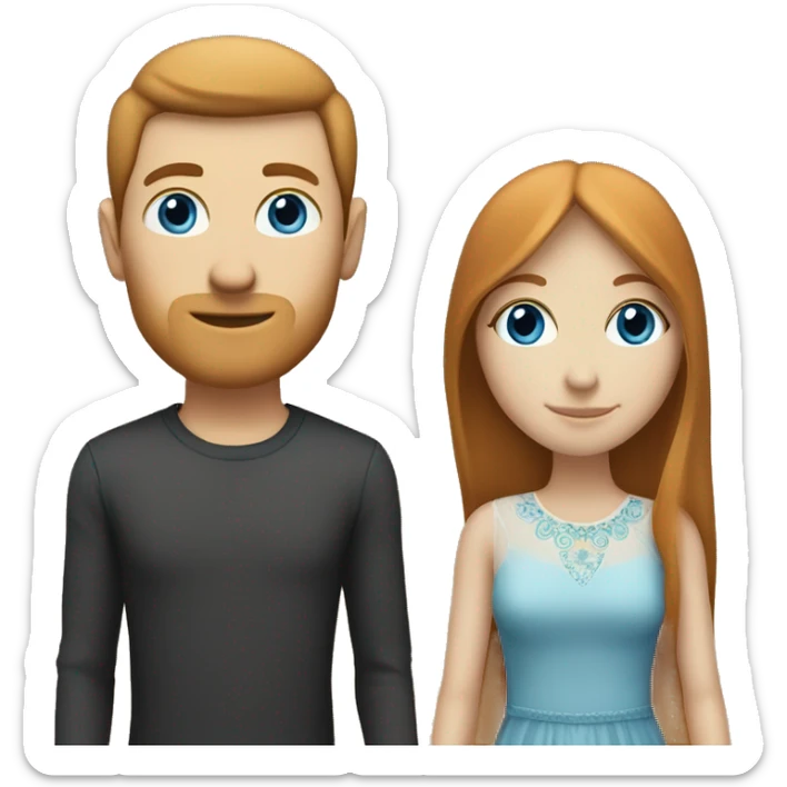a married couple standing beside eachother, one has pale skin and long straight ginger hair with bangs and blue eyes, the other person is a man that is mexican and has straight chin length black hair with brown eyes sticker