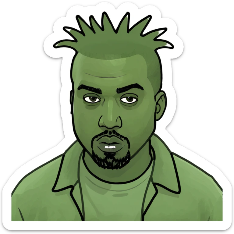 Kanye West as a schizo emote, exaggerated emotions, wild hair, intense stare, meme style sticker