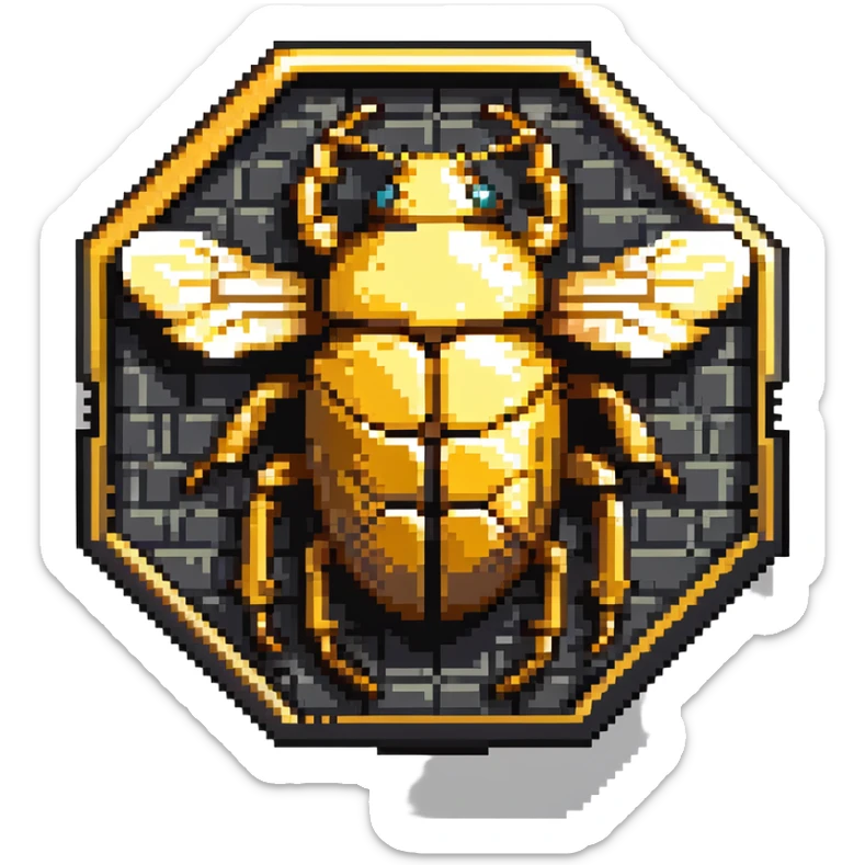 A golden hexagonal badge with a detailed beetle in the center, Discord bug hunter inspired sticker