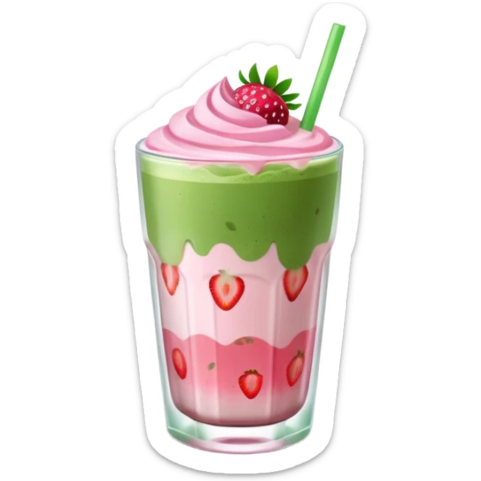 iced strawberry matcha latte in a clear glass with visible ice cubes, pink and green layers, vibrant and cute, emoji style sticker