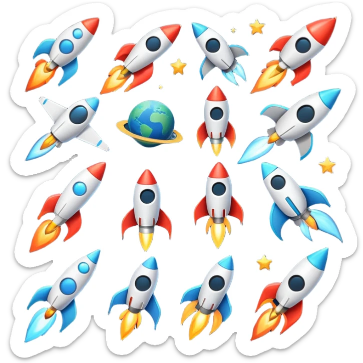 A set of high-quality vector emoji icons in a futuristic, space-themed style with no background (transparent). The icons should be clean, modern, and glowing, designed to complement a premium Martian food delivery brand.

The set should include:
1/Multiple rocket variations – a sleek futuristic rocket launching, a small shuttle in orbit, and a stylized cargo rocket for food delivery.
2/ Different star designs – classic five-pointed star, twinkling starburst, shooting star, and a cosmic nebula star.
3/ Galactic elements – a glowing planet, a swirling galaxy, and a meteor with a dynamic trail.
4/ A space station or satellite, symbolizing high-tech logistics.
5/ A hovering UFO, adding a fun, sci-fi touch.
👨‍🚀 A cheerful astronaut, representing the adventurous customers enjoying their space meals.

Each icon should have clean vector lines, soft gradients, and subtle neon glows, making them visually appealing and easy to use in UI design. sticker