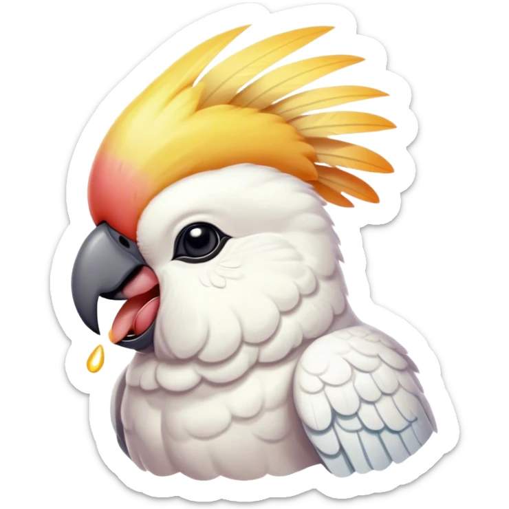 Cinematic Cute Yawning Cockatoo Portrait Emoji, Head tilted slightly with a dramatic, wide-open yawn, showcasing a plump, feathered body with a softly drooping crest and sleepy, half-closed eyes, Simplified yet irresistibly adorable features, highly detailed, glowing with a soft, cozy tropical glow, high shine, relaxed yet expressive, stylized with a dash of whimsical avian charm, soft glowing outline, capturing the essence of a drowsy yet affectionate cockatoo that appears ready to stretch out and yawn its way off the screen! sticker