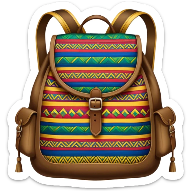 Cinematic Realistic image of a traditional Colombian mochila, rendered with detailed woven textures and vibrant patterns, set against a rustic backdrop with soft, cultural lighting sticker