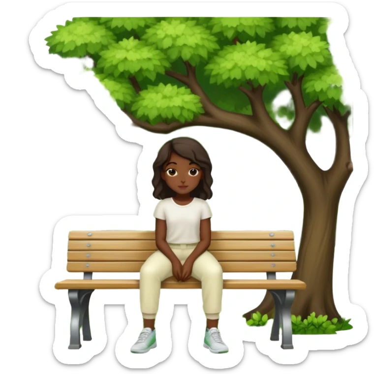 Green oak trees african girl sitting on bench wearing cream pants sticker