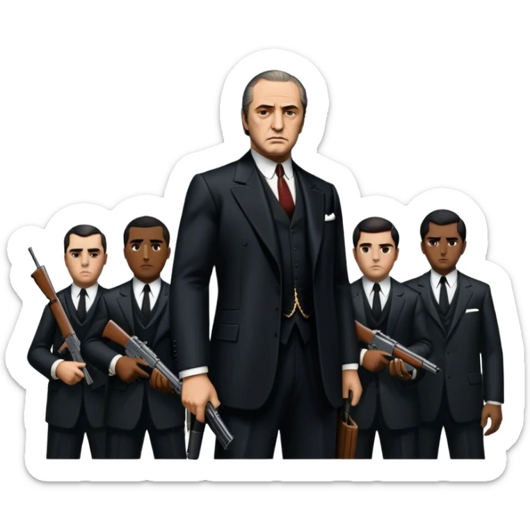 Vintage noir poster with Don Corleone surrounded by gangsters holding Thompson submachine guns. Dark and moody atmosphere with shadows, suits, and a mysterious vibe. Background features New York skyscrapers, adding to the gritty, classic gangster film feel. Transparent background. sticker