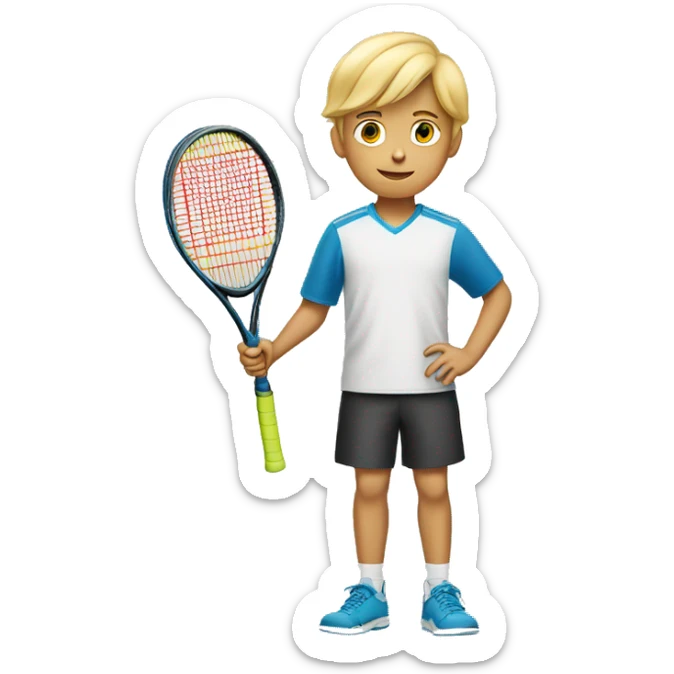 12 years old boy with a tennis racket in his hand. Blonde hair sticker