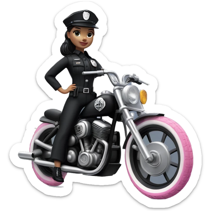 Bouclé Beauty Barbie, Wednesday Addams from academy, in vertically-striped dark-gray and black police officer’s uniform with small hat. Leaning back at the hips, riding a wheelie on a hot rod bike smiling  sticker
