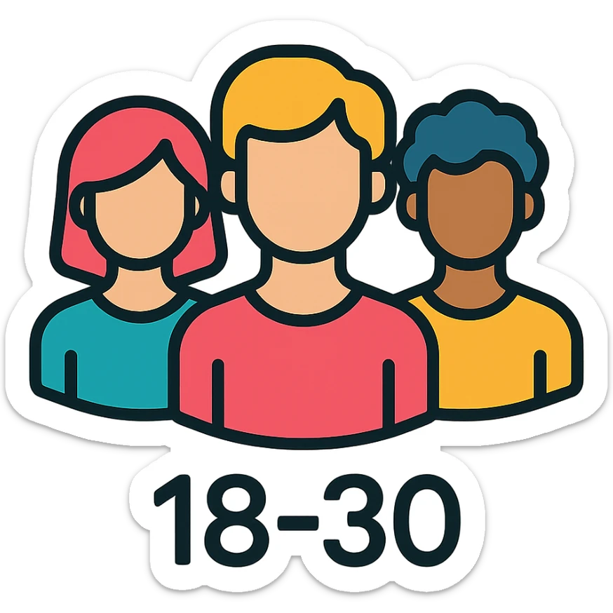 Discord role icon for 18-30 age group, using stylized silhouettes of young adults in a group, vibrant and welcoming look sticker