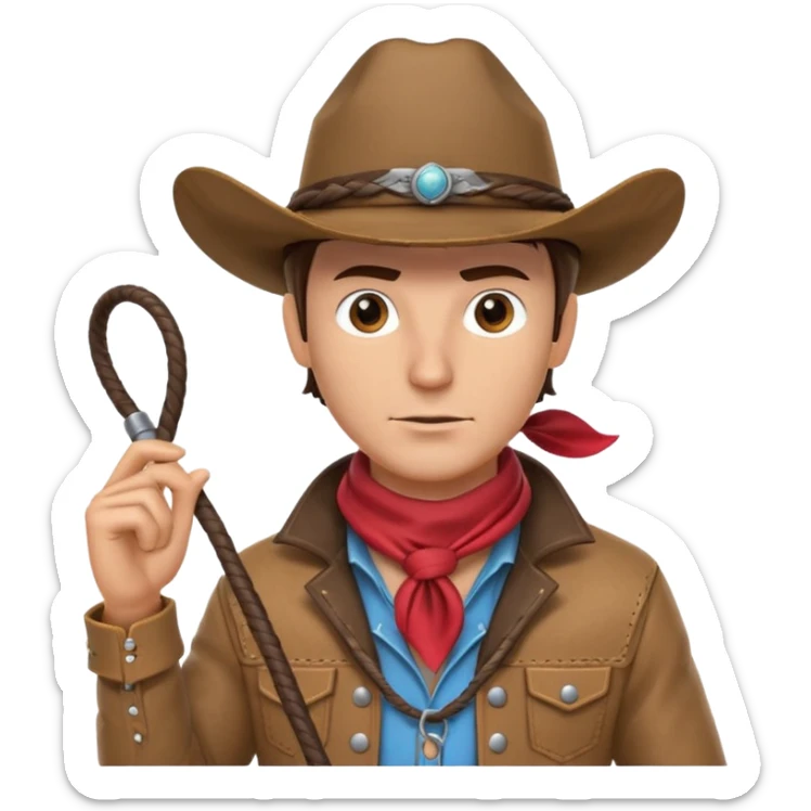 cowboy with a whip portrait, head and shoulders only, cowboy hat, bandana, western jacket collar, whip coiled over shoulder, confident expression, 3D cartoon, mobile game icon style, clean background, no text, no watermark
 sticker