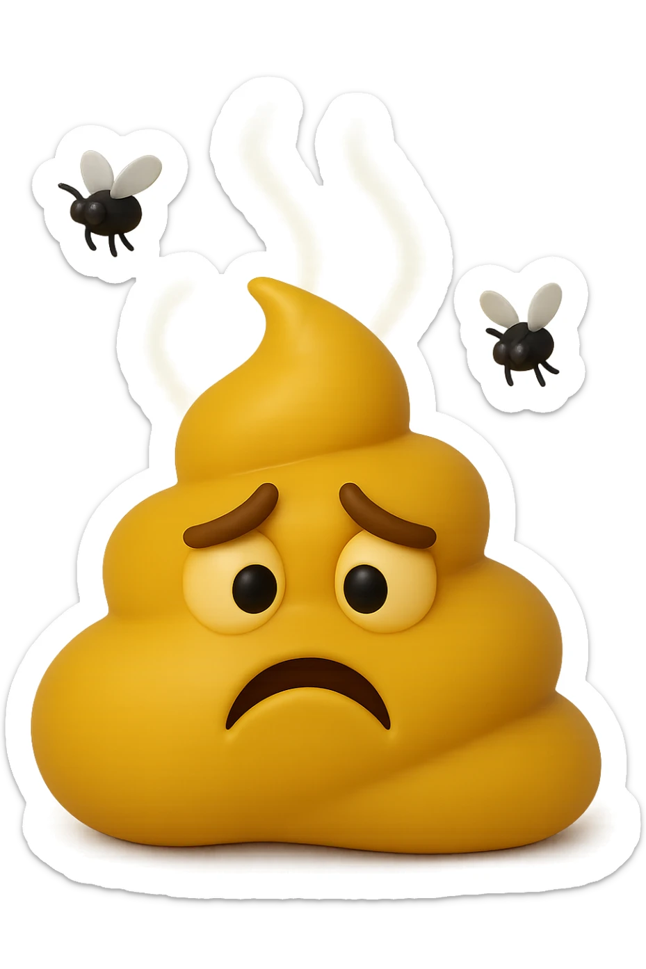 emoji stile iphone 3d di cacca gialla e liquida che emana fumi e cattivo odore, mosche gli girano intorno, iperrealistiche 4k sticker