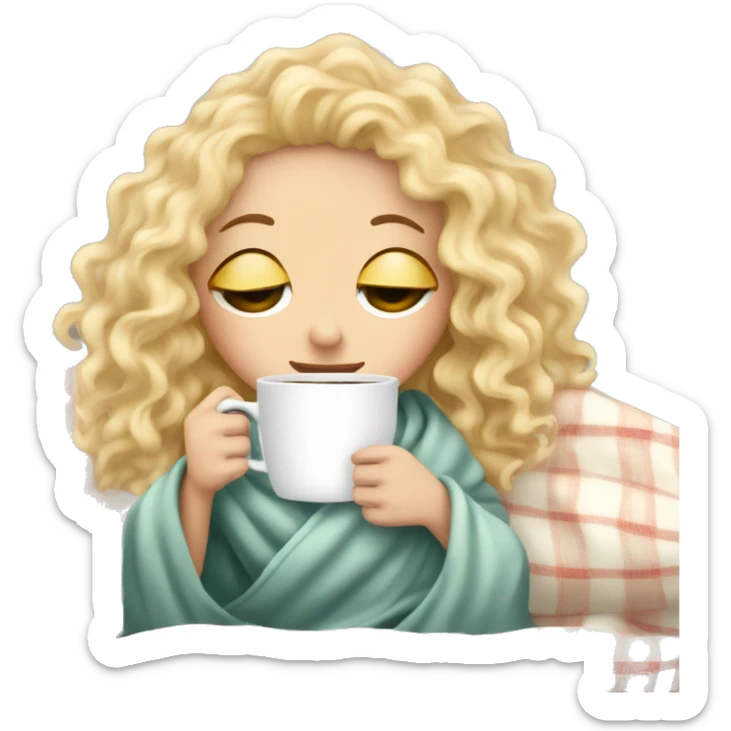 Blonde  hair curly girl inside a blanket sipping coffee eyes closed sticker