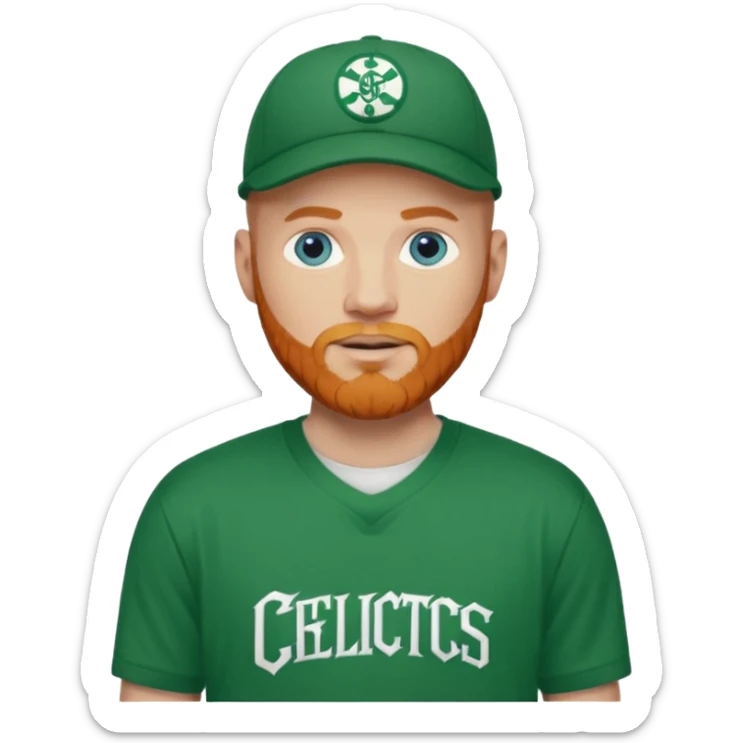 Bald white man with ginger beard and blue eyes in Celtics jersey over tshirts with cap sticker