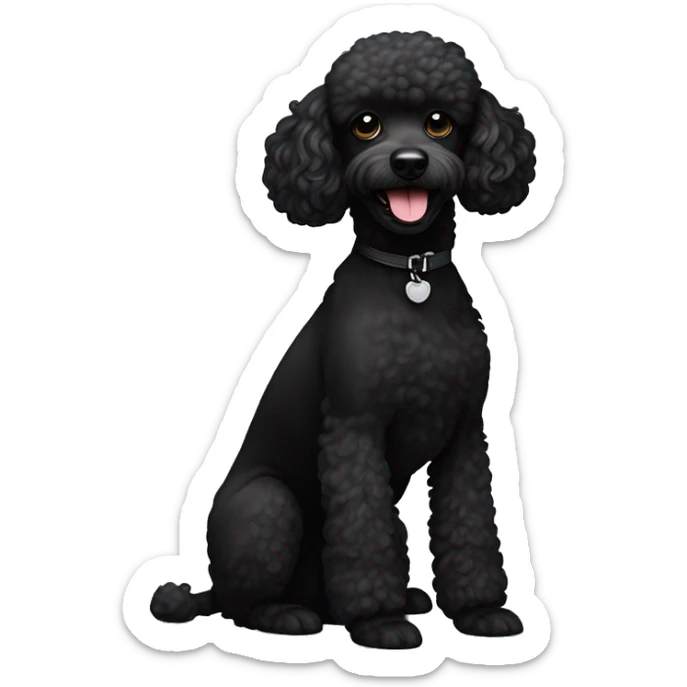 Small poodle mix, not curly. All black in color everywhere. No other color. Underbite with teeth showing  sticker