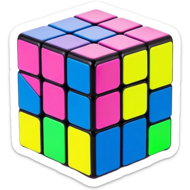 A 3x3 Rubik's Cube with bright 90s American colors, neon pink, electric blue, neon green, vibrant yellow, and purple, minimalist design sticker