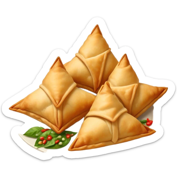 Cinematic Realistic Samosas Dish Emoji, depicted as golden, crispy pastry pockets filled with spiced vegetables rendered with detailed textures and appetizing lighting. sticker