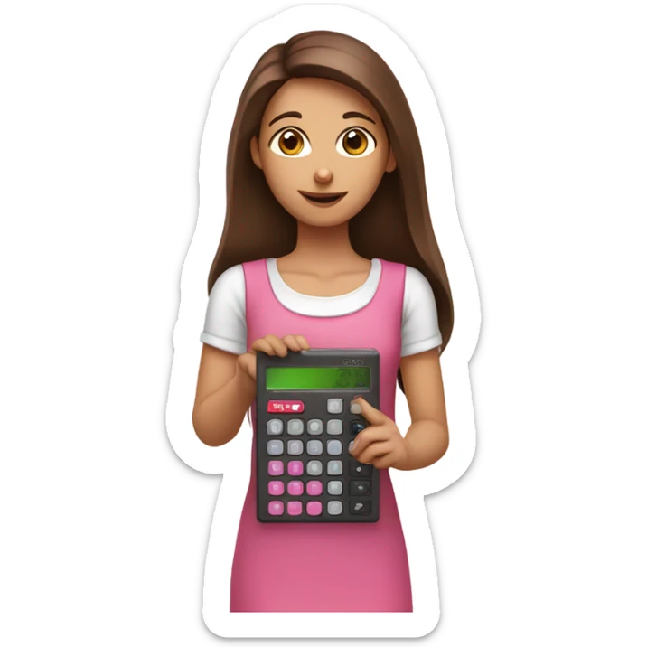 Pretty Girl with straight brown hair holding one pink calculator in her hand sticker
