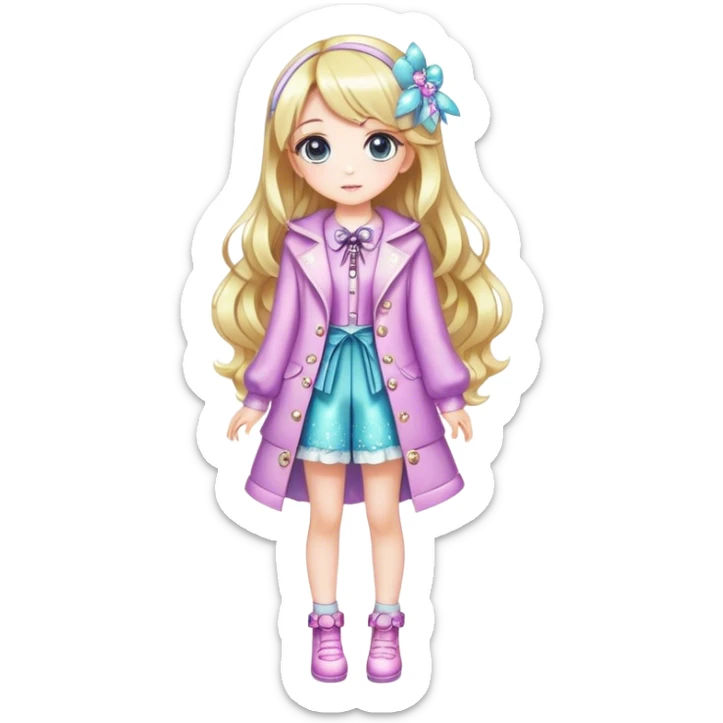 Pretty, stylish, kawaii, sparkly, lovely, shiny, accessories, anime style, character, real life, big eyes, cute, gorgeous hair, full body, stylish clothing, lady, young, romantic, colorful, detailed, cool design, aesthetic sticker