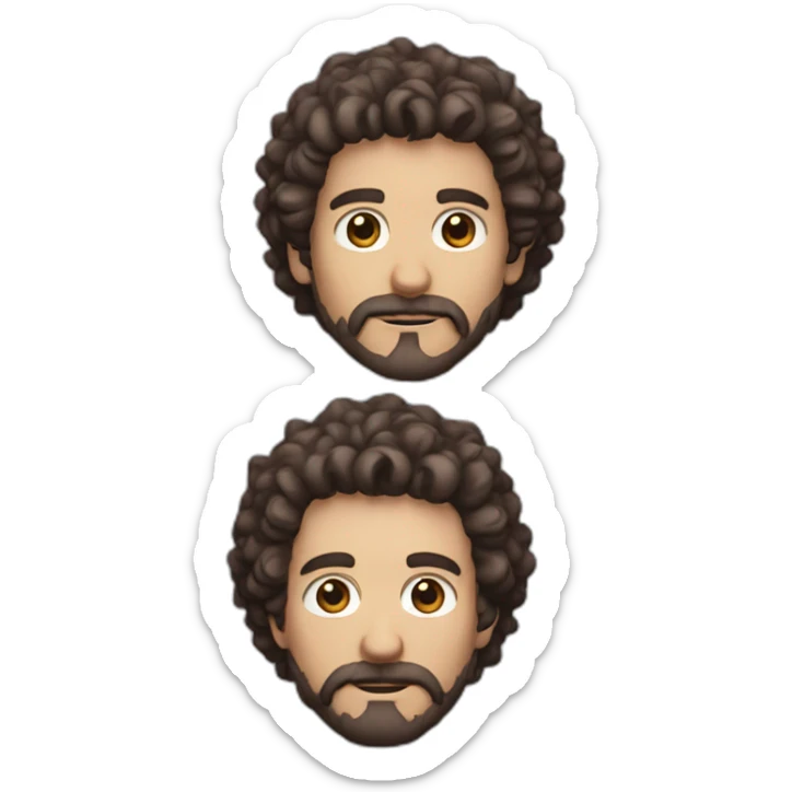White man with brown eyes and dark curly hair and a beard like mario bros sticker