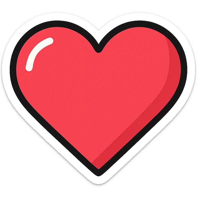 red heart icon with glossy finish, black outline, modern color icon style sticker