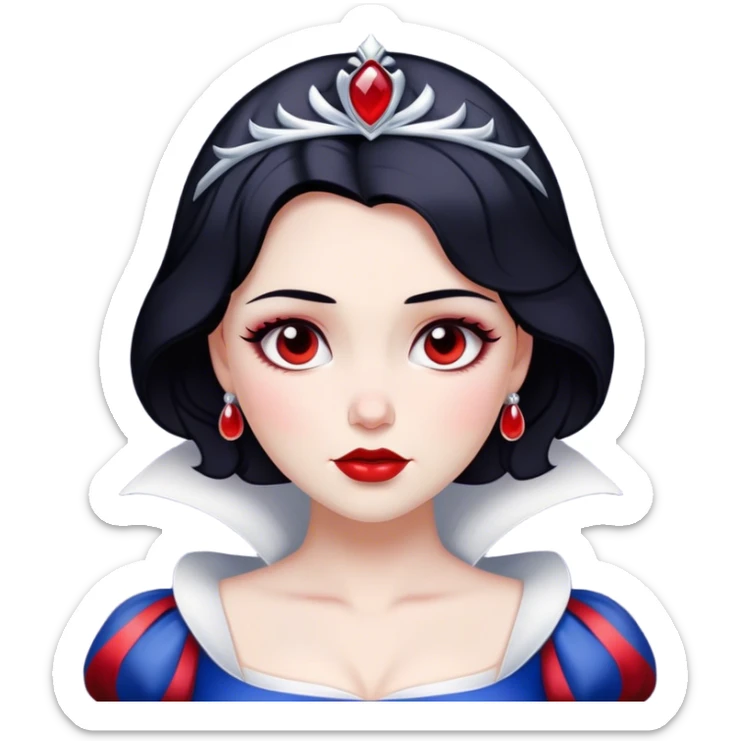 Cinematic Majestic Snow White Portrait Emoji, rendered in a clean, vector-style with bold, simplified shapes. Show Snow White with a serene, noble expression, radiant porcelain skin, and elegantly styled raven hair accented with subtle red highlights, her attire simple yet refined. The design radiates a majestic, pure glow with high shine and a soft glowing outline, embodying classic royal beauty. sticker