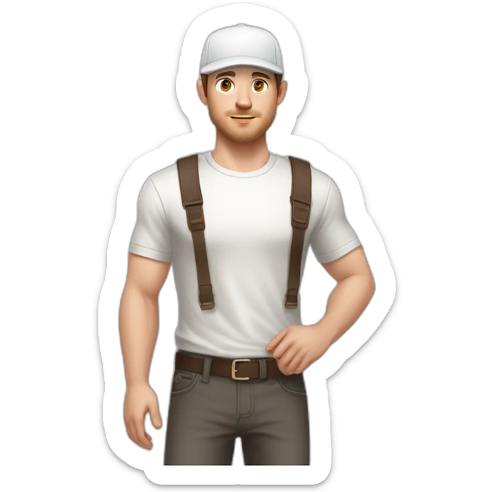Pale skinned fit Man with dark brown hair in a light gray cap, dark brown jeans, brown polo and white T-shirt keeping a pasted with tape white box into his hands sticker