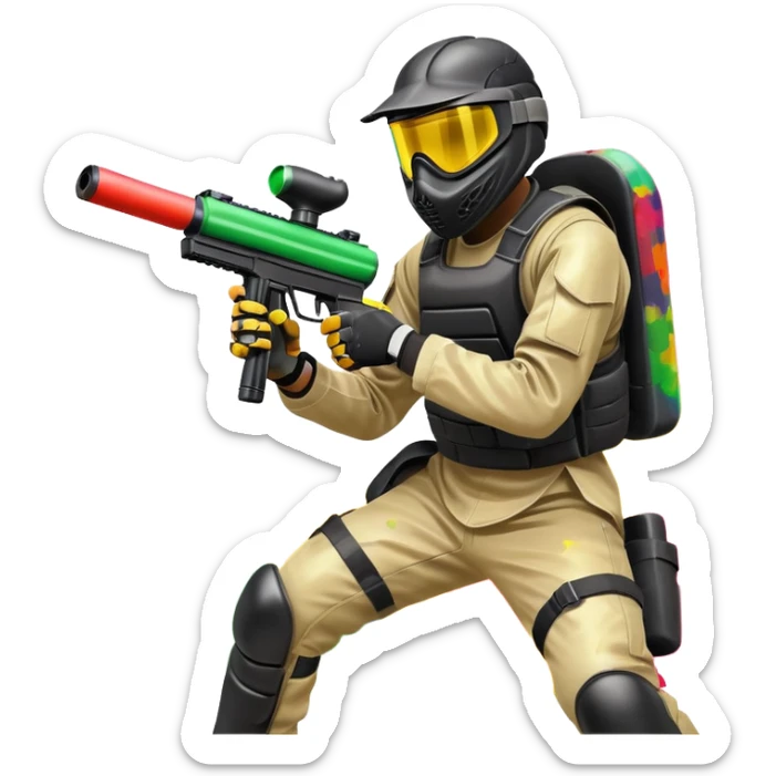 A dynamic scene of a player in action, holding a paintball gun and wearing protective gear. The background shows a vibrant paintball field with obstacles, colorful splatters of paint in the air, and an intense, competitive atmosphere. sticker