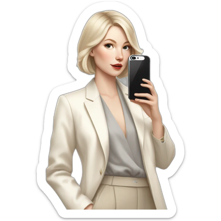 pale skin woman with ash blonde Straightened bob Hair, White Spacious classical jacket, beige palazzo Arrow pants and gray blouse holding white IPhone 15 pro in the hands sticker