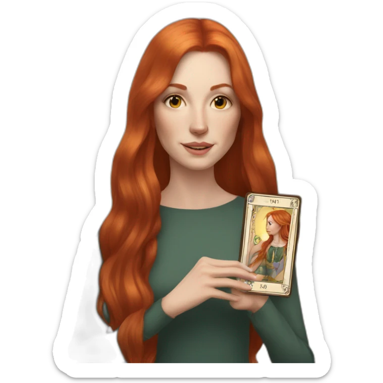 redhead white woman medium long straight hair, holding a tarot card in her hand sticker