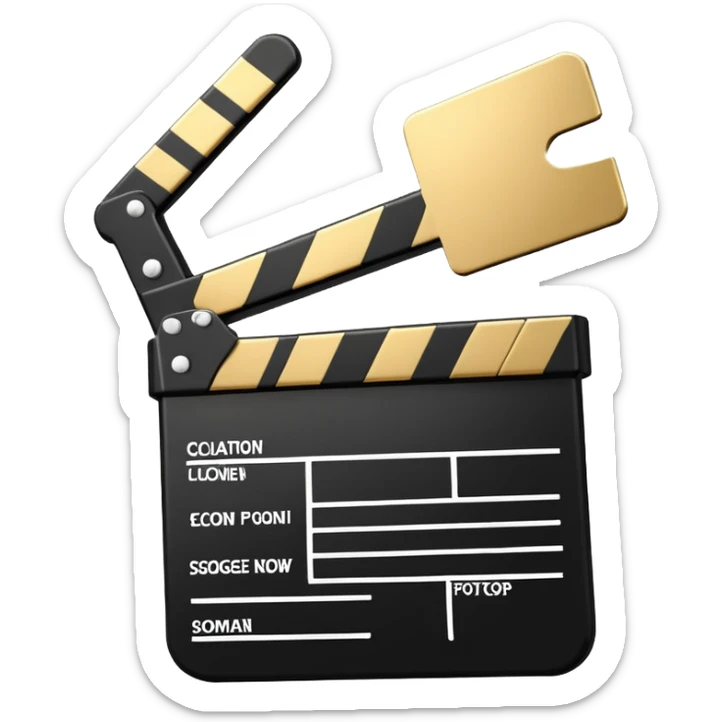 cartoon movie clapper, simple design with gold top part and white bottom part, black diagonal stripe sticker