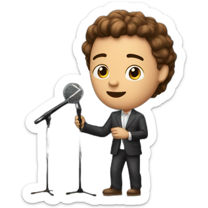  men with brown hair and light skin on stage spotlight with microphone stand in front of him with show spotlights on a stage sticker