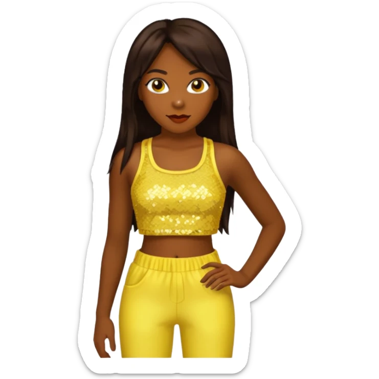 Chilli from TLC with long dark brown hair, yellow sequin crop top and pants, dark skin  sticker