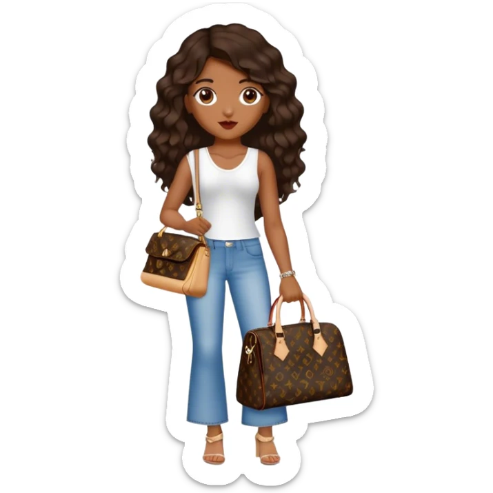  Brown girl with dark brown medium beach wavy hair carrying one Louis Vuitton purse on one arm while standing  sticker