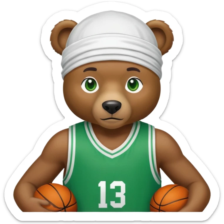 Cool brown bear with green eyes shown to shoulders, white durag, green and white basketball jersey visible on upper chest and shoulders, iOS emoji style sticker
