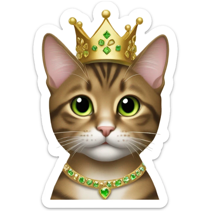 green eyed brown Tabby mixed cat wearing a gold princess crown sticker