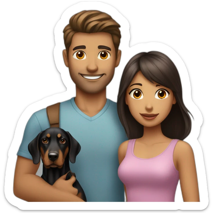 A handsome man with a beautiful girl playing with a boy Doberman dog sticker